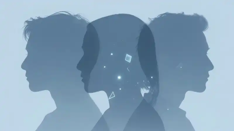 Overlapping ethereal silhouettes merge amidst glowing blue geometric fragments