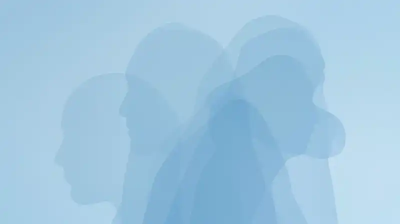 Overlapping blue silhouettes drift through a vast, silent void