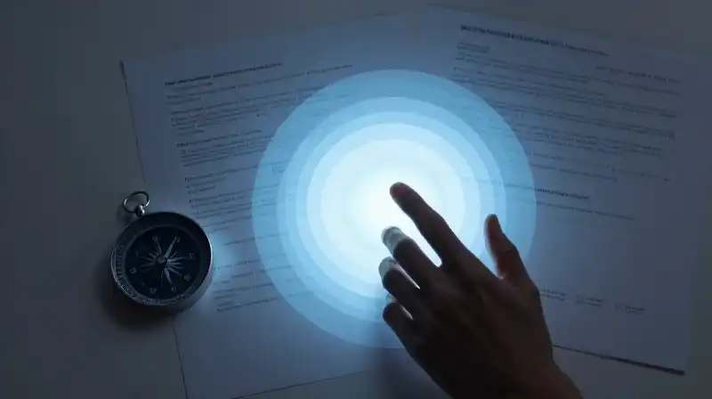 A steady hand reaches toward a glowing compass and papers