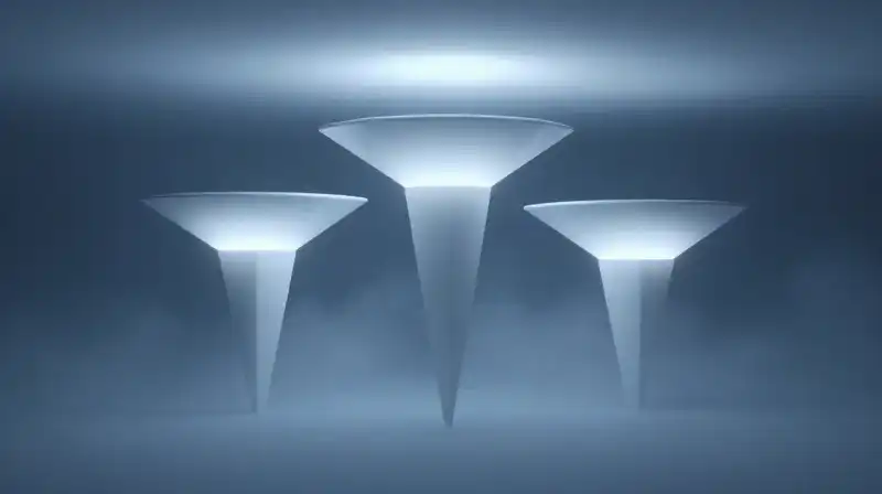 Three glowing geometric pillars stand amidst a calm blue mist