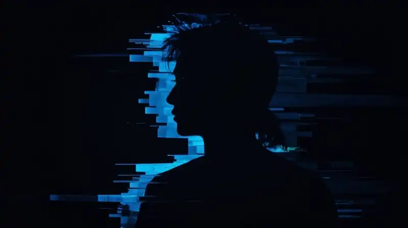 A fragmented blue digital silhouette floats in a dark void