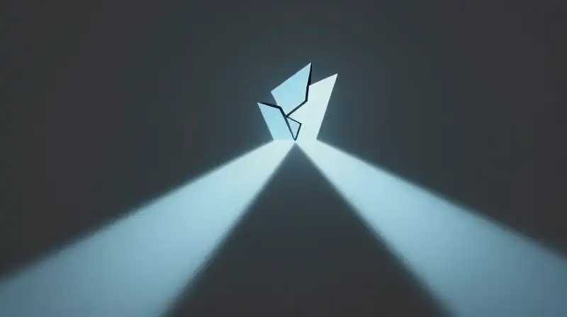 Two glowing blue paths diverge around a fractured geometric shape