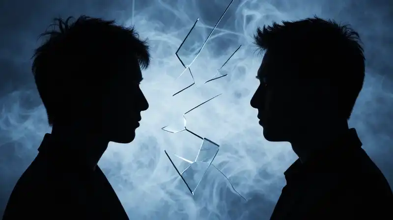Two distorted silhouettes face each other through fractured glass