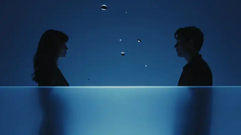 Two silhouettes are separated by a glowing blue barrier