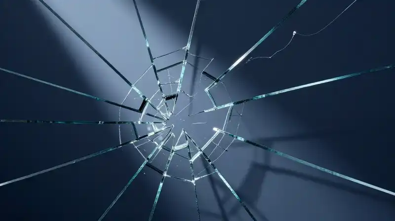 A single unraveling thread rests atop shattered glass mosaics