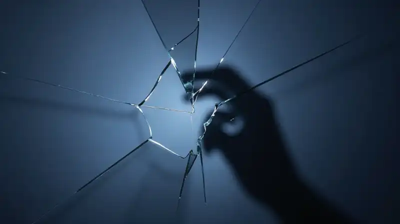 A glowing thread traces a fractured glass silhouette in darkness