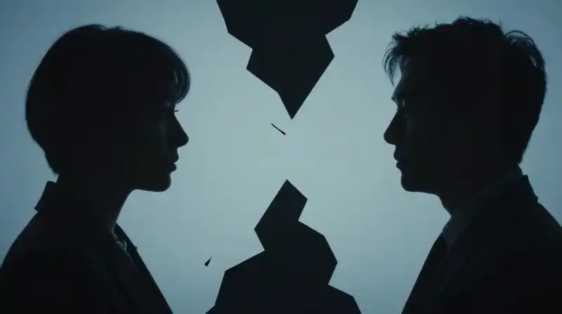 Two fragmented silhouettes face each other across a dark chasm