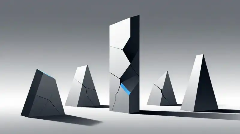 A single towering pillar stands amidst fractured geometric shapes