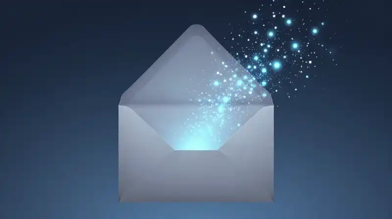 Ink droplets dissolve from an envelope into glowing pixels