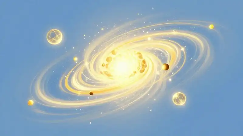 Golden sparks swirl around expanding geometric spheres in blue light