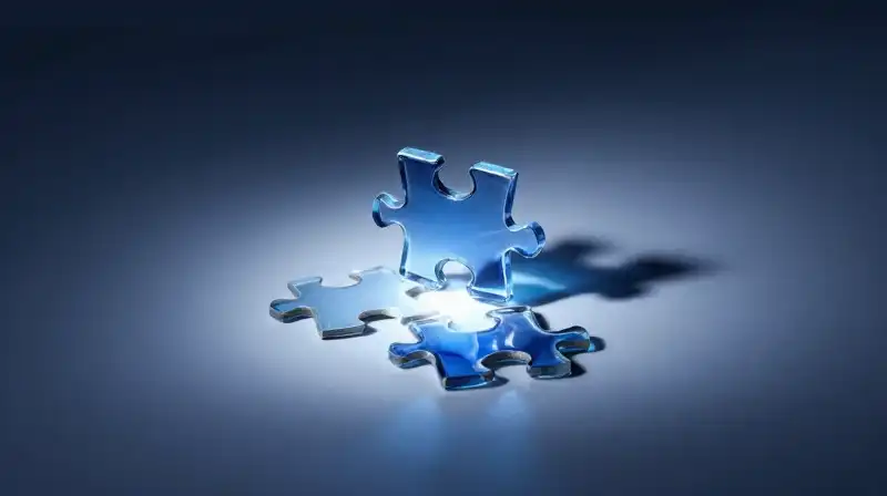 A glowing blue glass puzzle fragments onto a dim surface