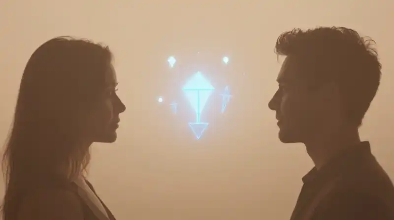 Two silhouettes connect through glowing light and floating particles