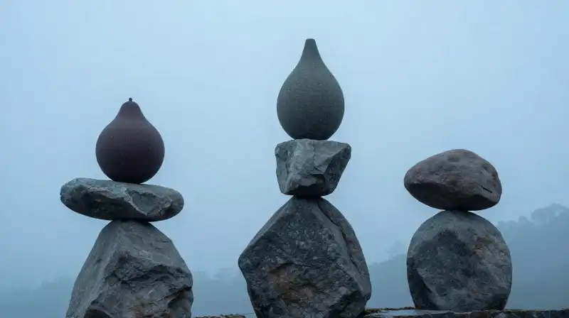 Four stone pillars balance amidst soft fruit and mist
