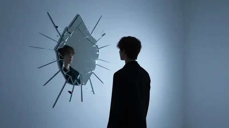 A lonely silhouette faces a fractured mirror in a void