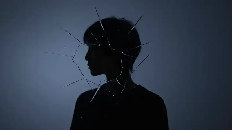 A dark silhouette stands behind shattered glass in indigo shadows