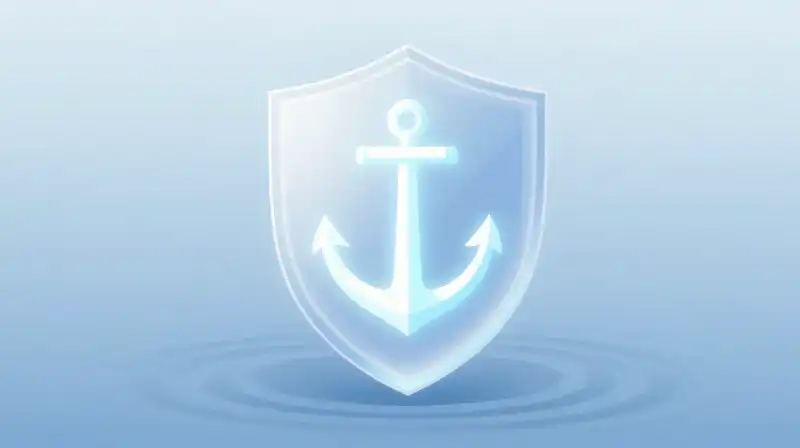 A glowing geometric anchor rests behind a shimmering translucent shield