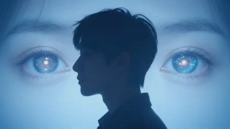A silhouetted figure has swirling galaxies visible within their eyes