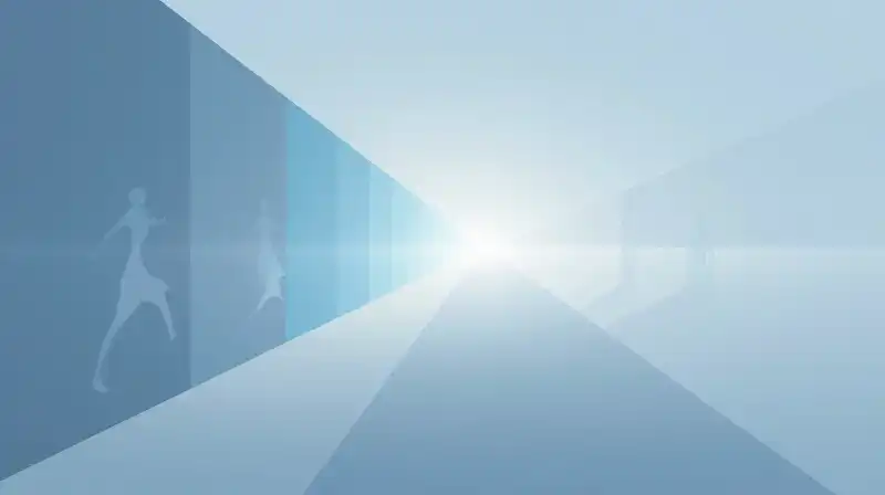 Ethereal silhouettes drift along diverging paths of glowing light