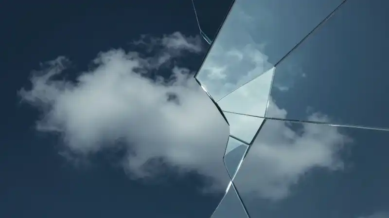 Abstract blue shapes blend shifting weather with fractured mirrors