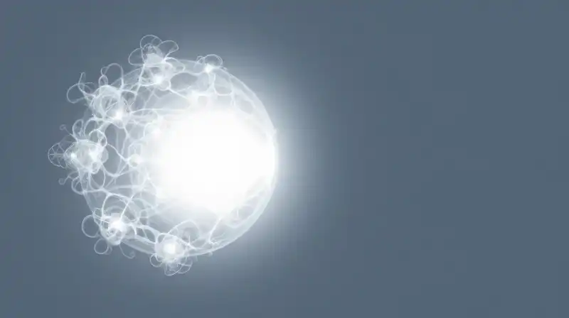 A glowing sphere expands into fractals against soft silhouettes