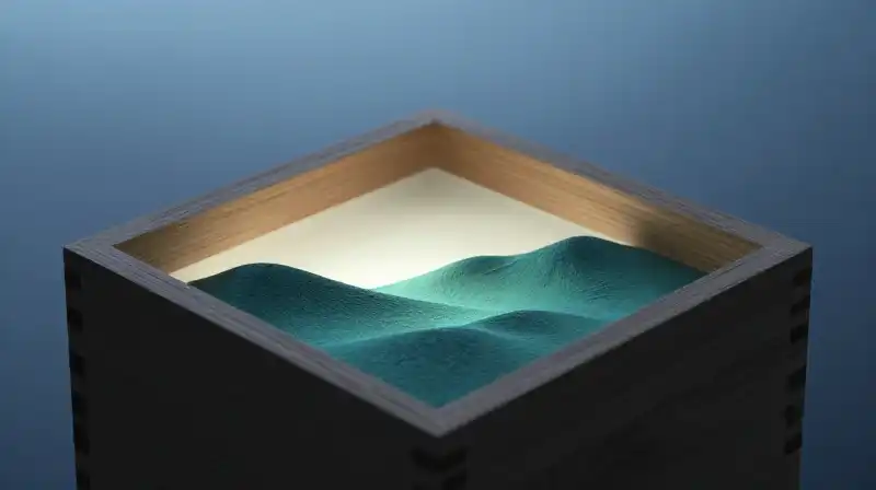 A glowing wooden box sits amidst a misty blue landscape