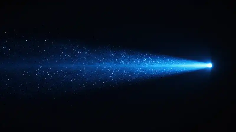 Glowing blue paths and sparks drift through a dark void