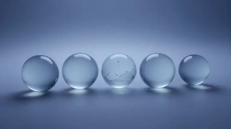 Translucent glass spheres float through a calm, misty indigo void