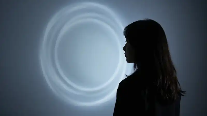 A dark silhouette gazes into a rippling blue mirror