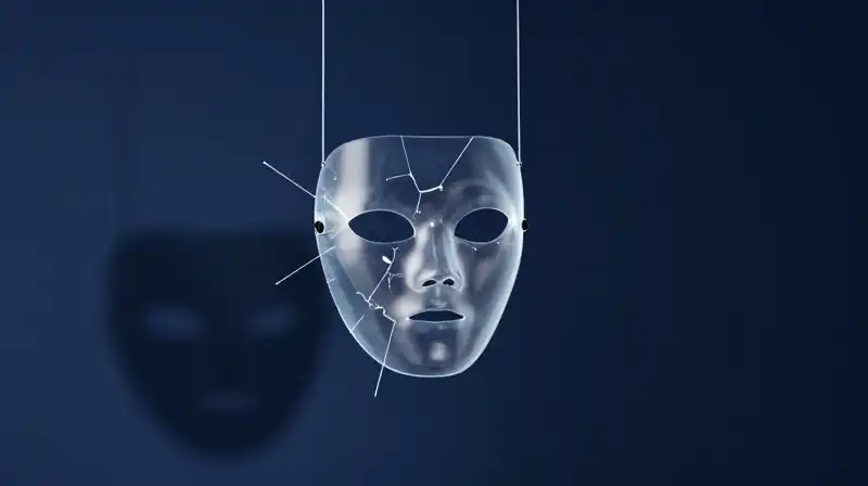 Light strings pull at a shattering translucent glass mask
