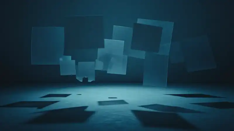 Fragmented geometric masks drift above a dissolving cerulean floor