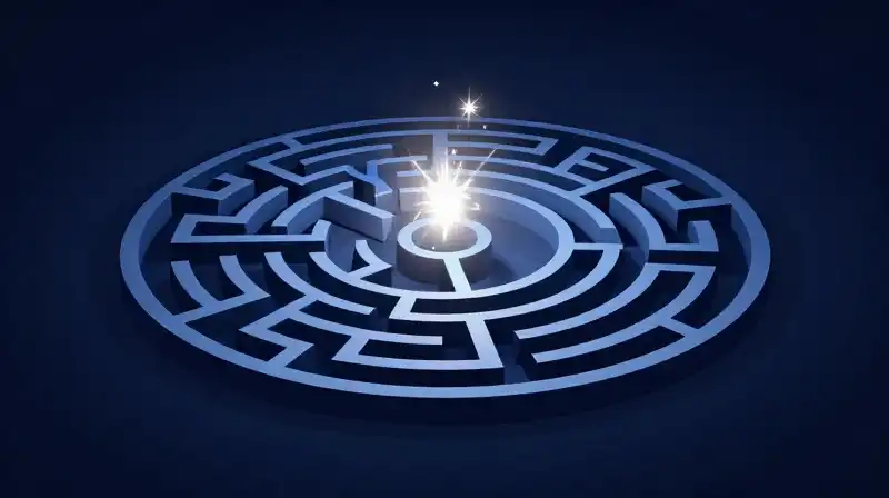 A single bright spark faces a complex, winding labyrinth