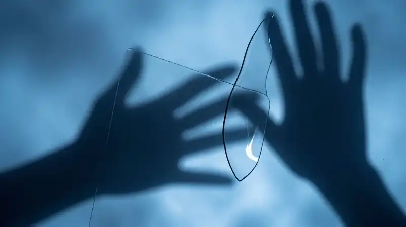 A fragile glass silhouette emerges amidst blue geometric shadows