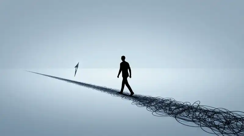 A silhouette steps from tangled threads onto a geometric path