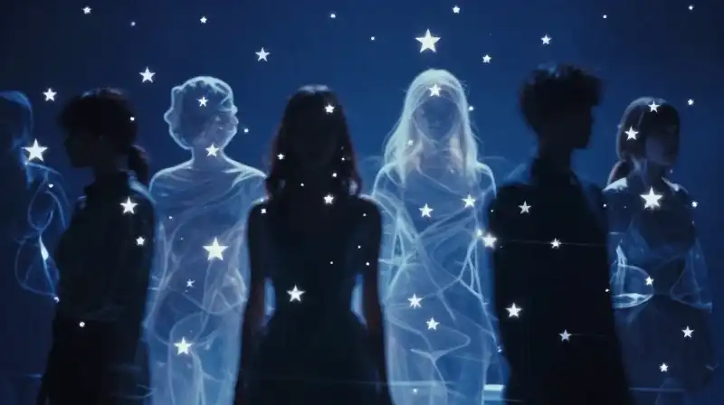 Diverse silhouettes shimmer amidst translucent, overlapping star motifs