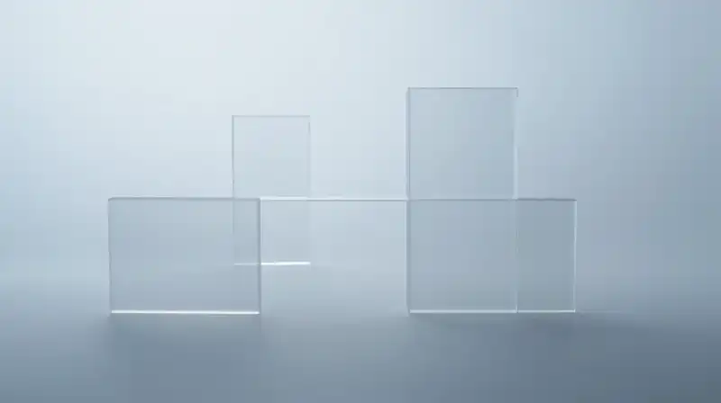 Interlocking translucent geometric shapes float in a soft blue mist