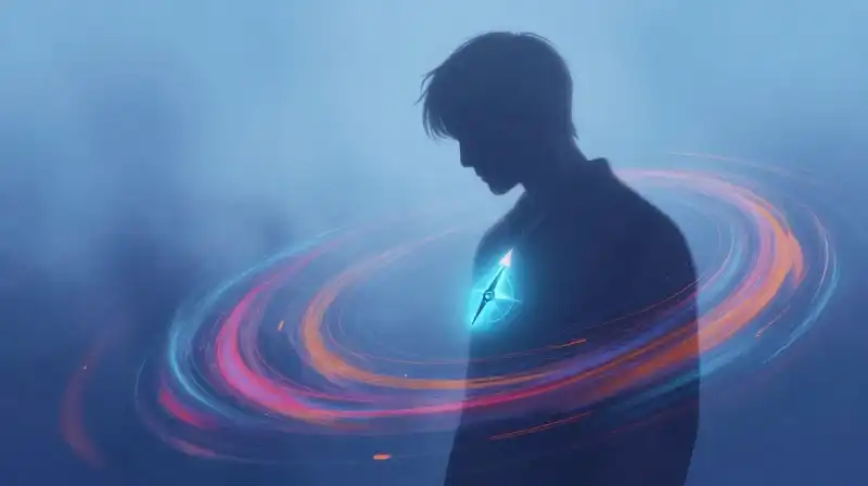 A glowing silhouette holds a floating compass within its chest