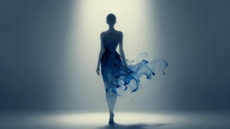 A silhouetted figure paints with floating blue ink strokes
