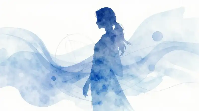 A soft silhouette moves through ethereal blue watercolor shapes
