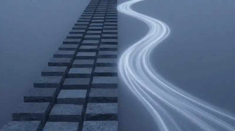 Two paths, one stone and one light, diverge quietly