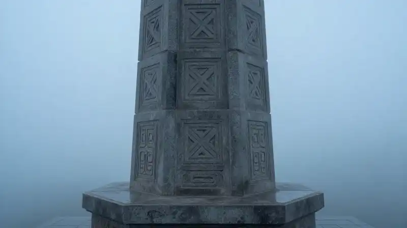 A steady stone pillar stands amidst swirling, calming blue fog