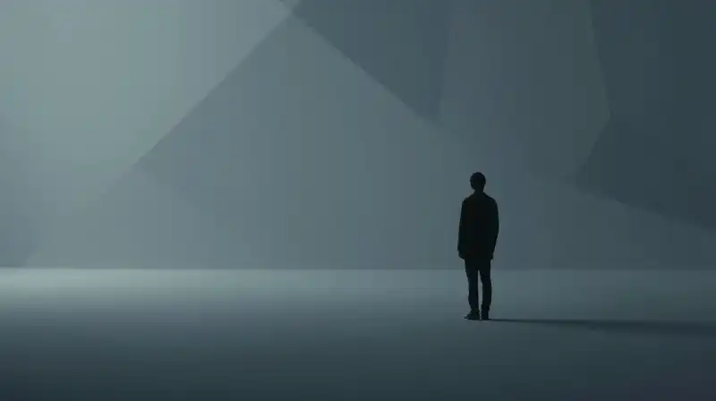A lonely shadow figure fades into vast, blue geometric spaces