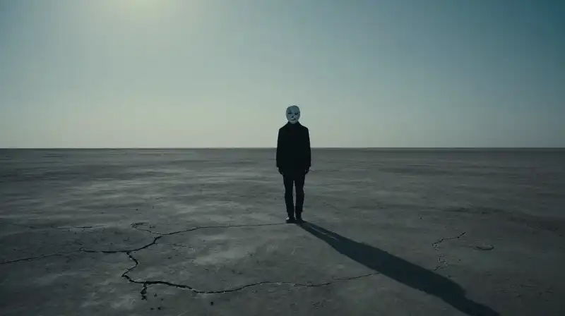A masked figure stands alone in a vast, cracked landscape