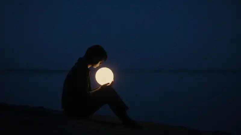 A watchful silhouette holds a glowing orb in vast darkness