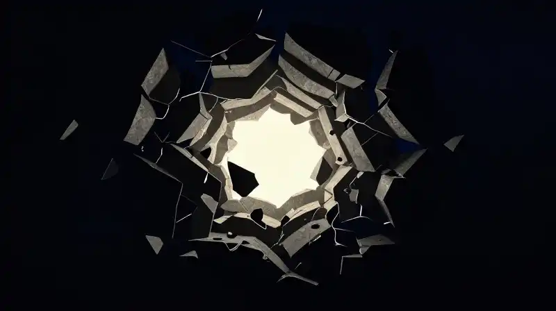 A glowing core breaks through fracturing stone and dark voids