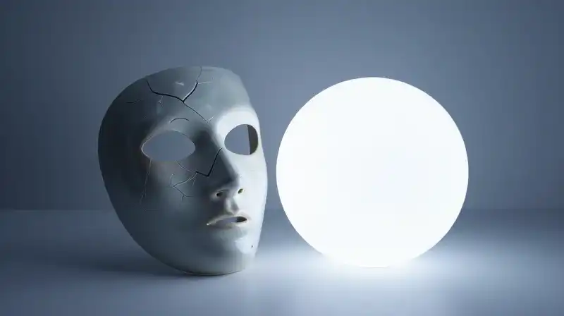 A crumbling porcelain mask sits beside a glowing sphere
