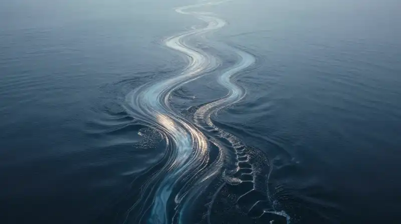 Four glowing light streams swirl through a calm blue ocean