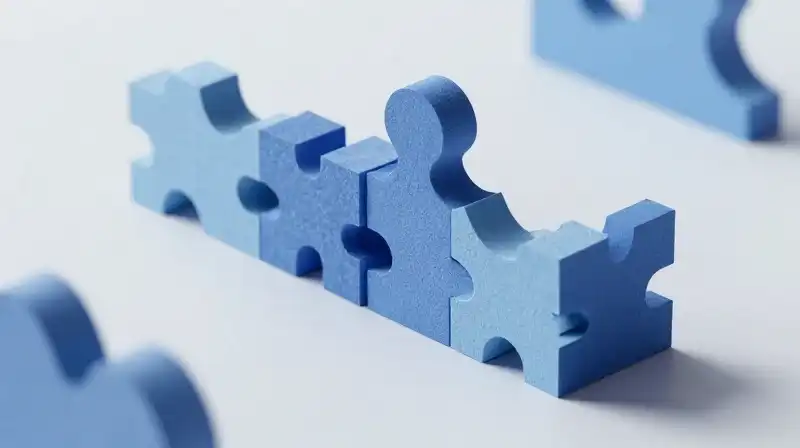 Fluid blue silhouettes fit into precise, textured geometric shapes