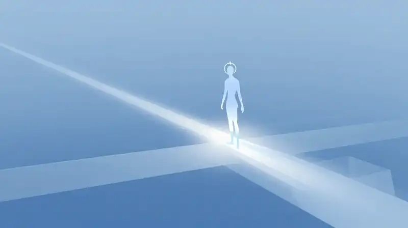 A glowing compass guides a translucent figure through blue shapes