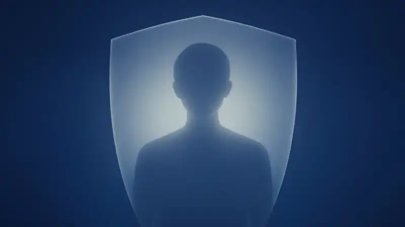 A glowing shield protects a calm silhouette against deep blue