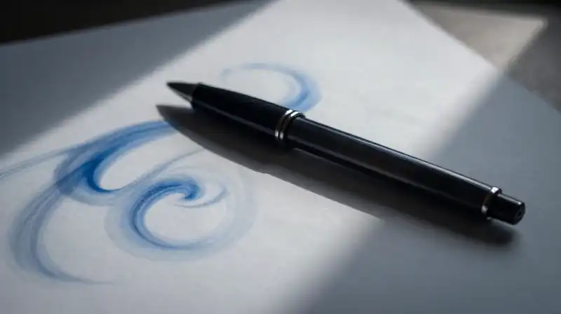 An ink pen rests on paper amidst swirling blue shadows